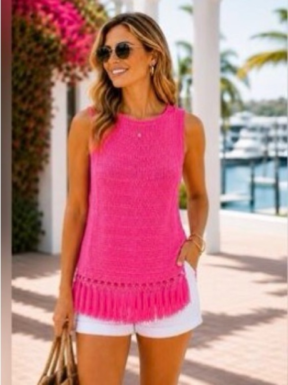 Lilly Pulitzer Pink Sleeveless Knit Fringe Top. Small